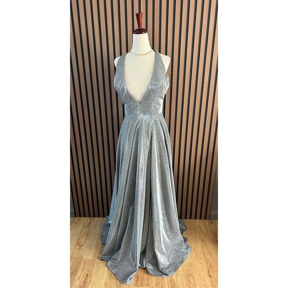 Silver ball gown silver sparkly long with cut out size 4 prom or fancy dinner - Picture 1 of 10